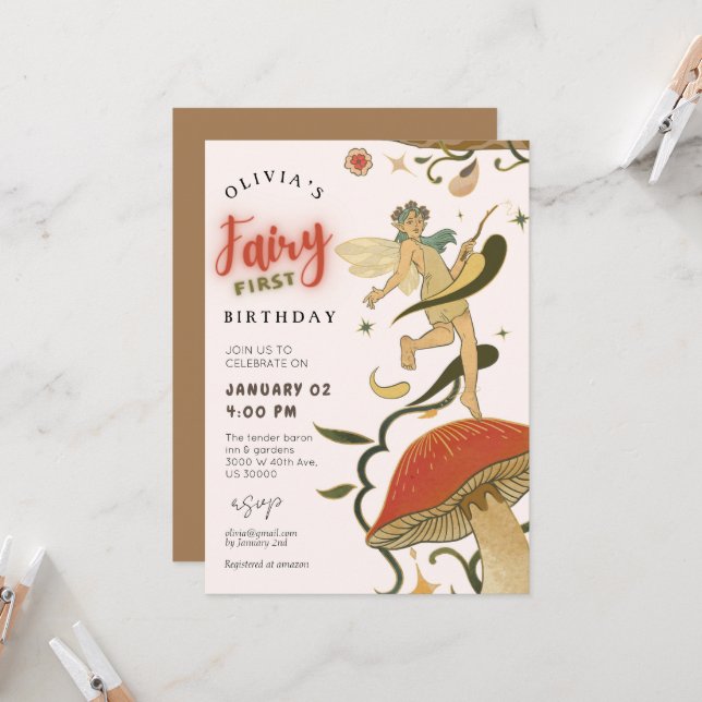  Mushroom Forest fairy girl 1st birthday  Invitation (Front/Back In Situ)