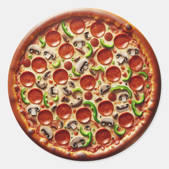 Mushroom, Green Peppers and Pepperoni Pizza Classic Round Sticker (Front)