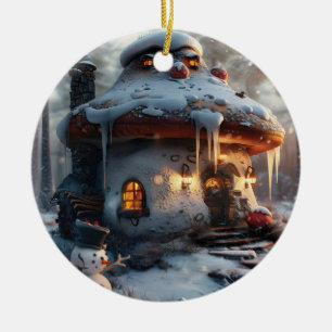 Mushroom house in the snow ceramic tree decoration