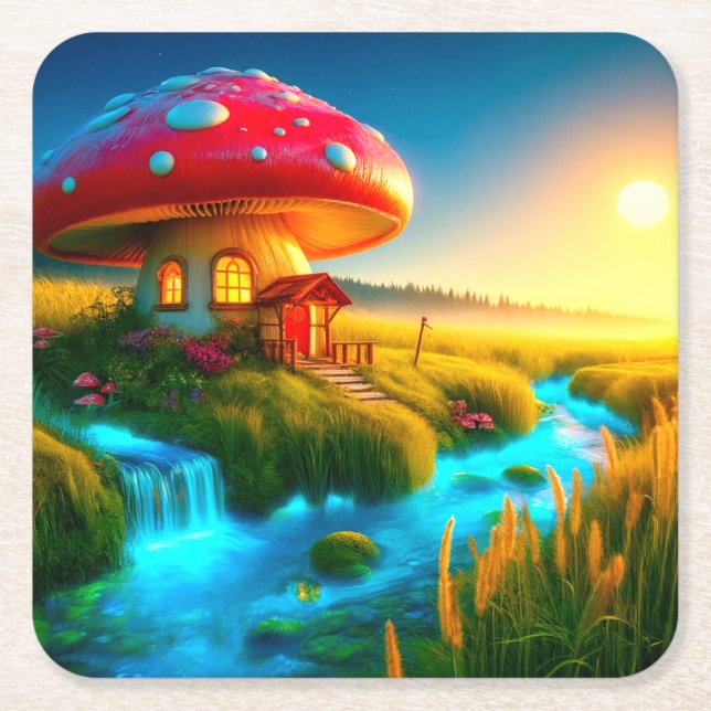 Mushroom House Square Paper Coaster (Front)