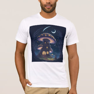 Mushroom House Under a Crescent Moon   T-Shirt