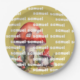 Mushroom House whimsical custom name Paper Plate
