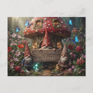 Mushroom House With Gnomes And Welcome Sign Postcard