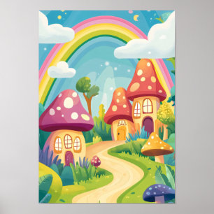 Mushroom houses and rainbow 13 poster