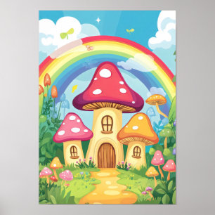 Mushroom houses and rainbow 16 poster