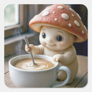 Mushroom Munchkin Stirring Morning Coffee Square Sticker