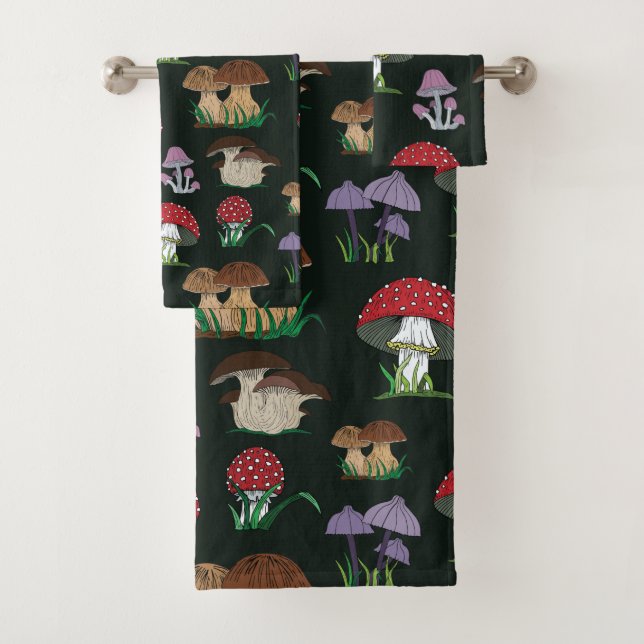 Mushroom Pattern on Dark Green Bath Towel Set (Insitu)