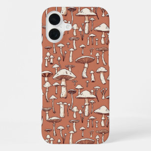 Mushroom Print on Terracotta Brown iPhone 16 Plus Case