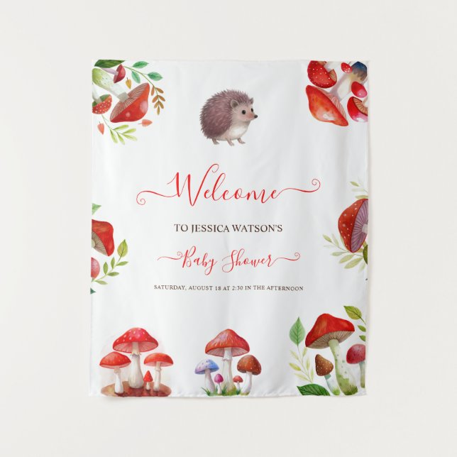 Mushroom Red Watercolor Forest Rustic Baby Shower Tapestry (Front)