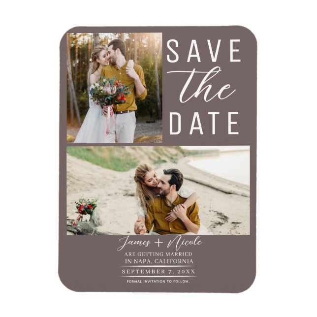 Mushroom Taupe 2 Photos Save the Date Wedding Magnet (Vertical)