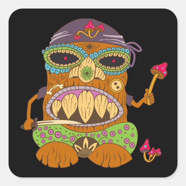 Mushroom Tiki Chef, Funny Black Square Sticker (Front)