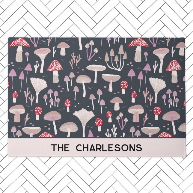 Mushroom Toadstool Fungi Family Name Personalised Doormat (Mushroom toadstool and fungi pattern personalized family name doormat)