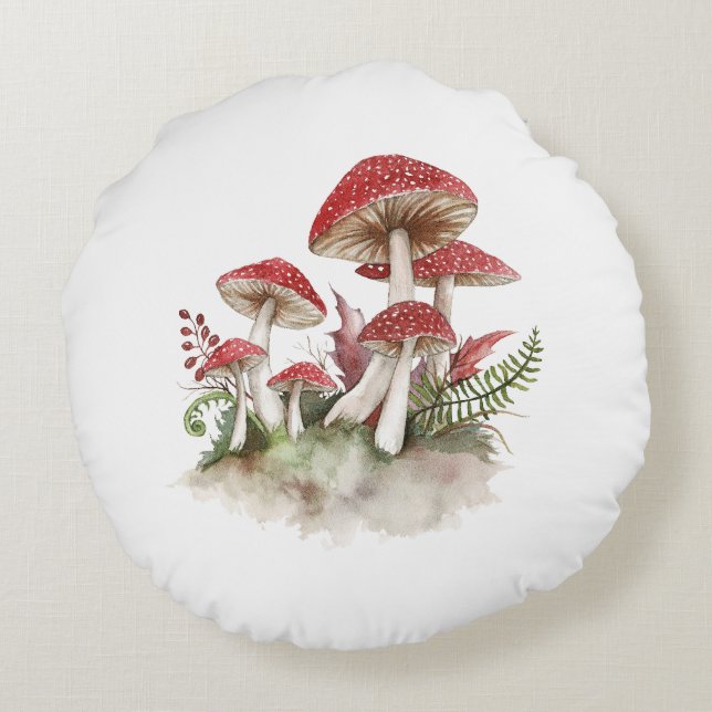 Mushroom Toadstool Watercolor Artwork Round Pillow (Back)