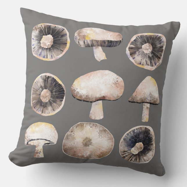 Mushroom Watercolor Cushion (Mushroom toadstool fungi throw pillow)