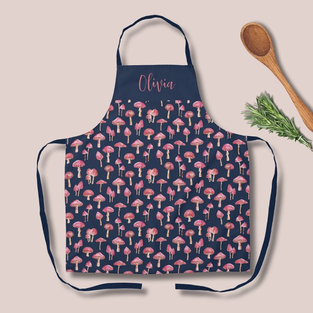 Mushroom Watercolor Pattern Apron (Pink mushroom cottagecore kitchen apron on navy.  Personalize with your own name or text.)