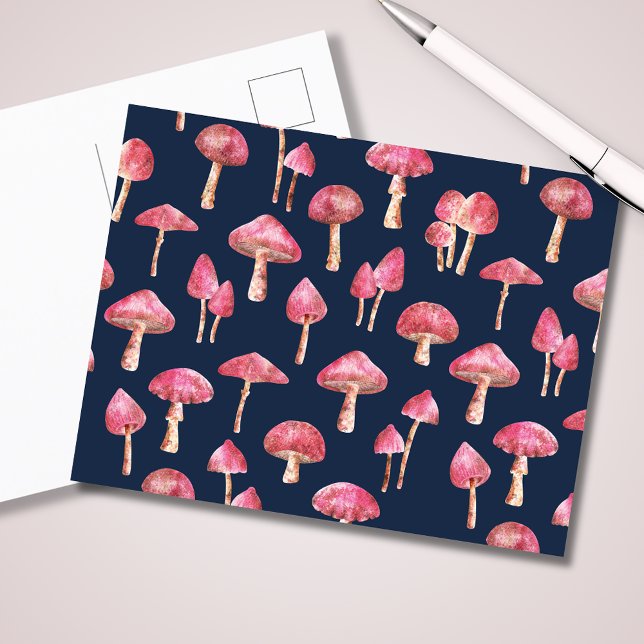 Mushroom Watercolor Pattern Postcard (Pink mushroom original watercolor illustration on blue.  Matching woodland forest items available.)