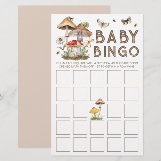 Mushroom Woodland Baby Shower Bingo Card | Whimsic (Front/Back)