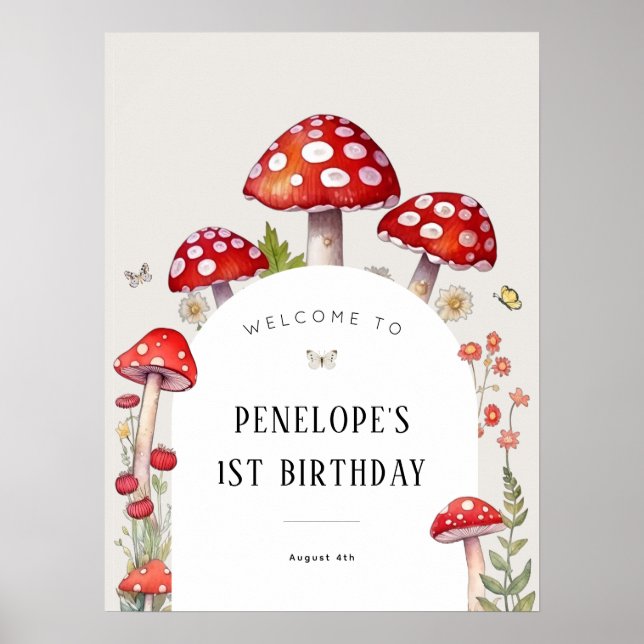 Mushroom Woodland Cottage Birthday Welcome Poster (Front)