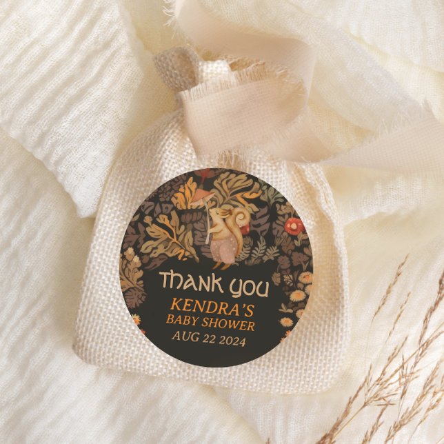 Mushroom Woodland Squirrel Baby Shower Classic Round Sticker (Creator Uploaded)