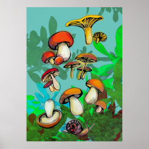 mushrooms and a snail poster