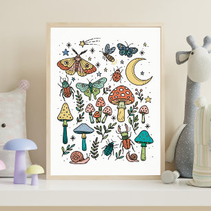 Mushrooms and Bugs Night Forest Kids Room Poster