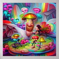 Mushrooms and fairies cartoon artwork poster