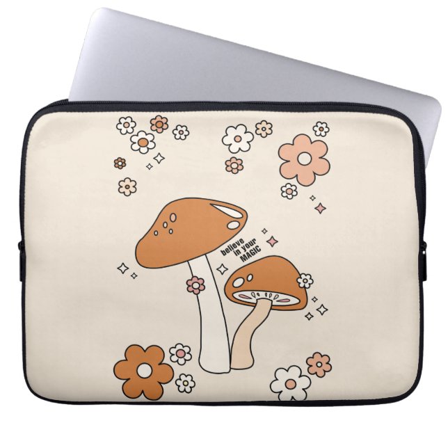 Mushrooms And Flowers Earth Tones Beige Retro 70s Laptop Sleeve (Front)