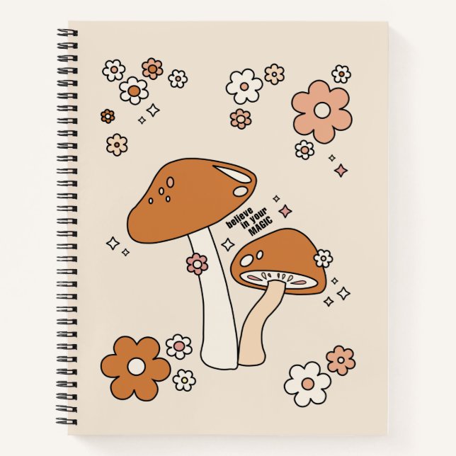 Mushrooms And Flowers Earth Tones Beige Retro 70s Notebook (Front)