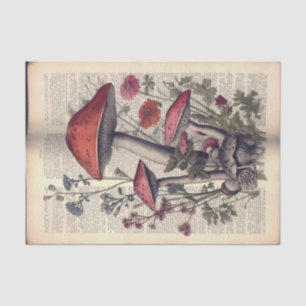 Mushrooms and Flowers on Book Text Illustration Tissue Paper