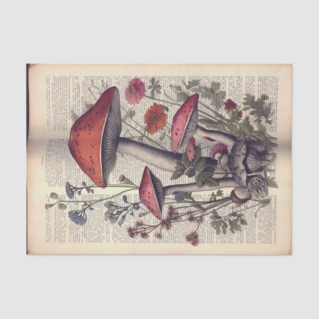Mushrooms and Flowers on Book Text Illustration Tissue Paper (Front)