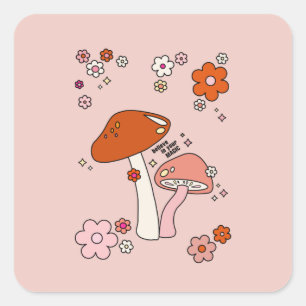 Mushrooms And Flowers Peach Art Retro 70s Square Sticker