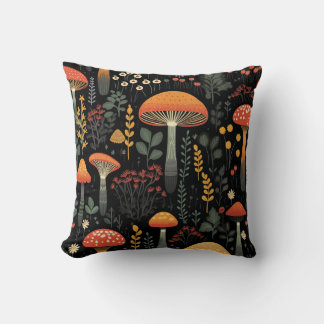Mushrooms and Foliage on Black Background 4 Cushion