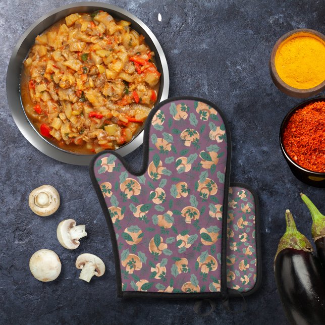 Mushrooms and leafy greens purple oven mitt & pot holder set (Creator Uploaded)