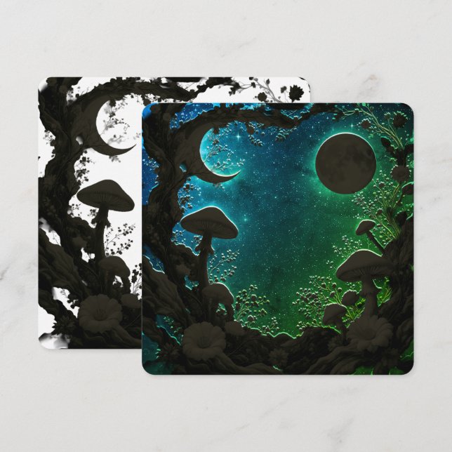 Mushrooms and Moons Teal Blue Fairycore Scrapbook Holiday Card (Front/Back)