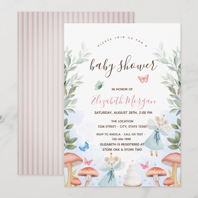 Mushrooms,Baby Mouses Pink Stripes Baby Shower   Invitation (Front/Back)