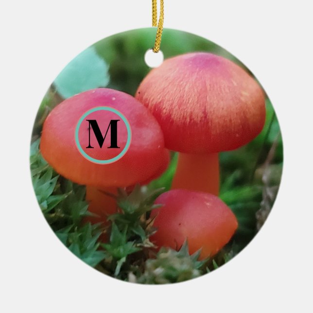 Mushrooms Bright Red With Monogram Ceramic Tree Decoration (Front)