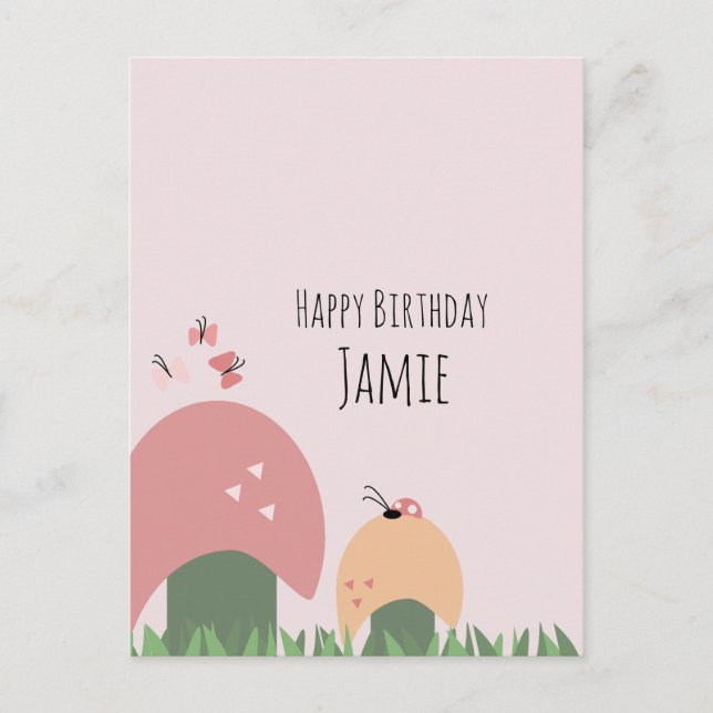 Mushrooms, Butterflies and Ladybugs Happy Birthday Postcard (Front)