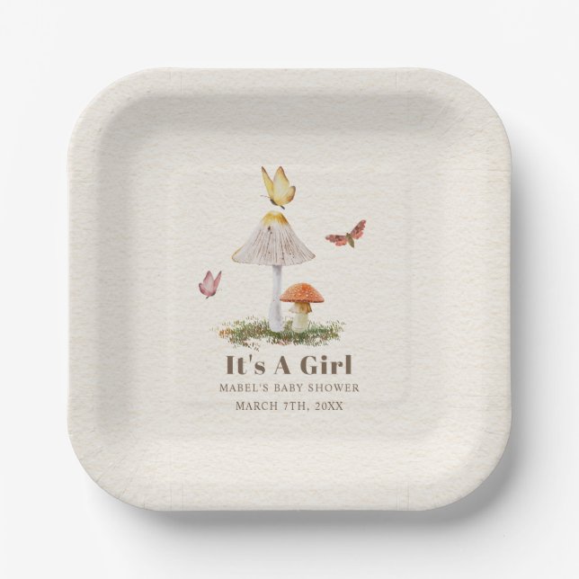 Mushrooms Butterflies Woodland Girl Baby Shower  P Paper Plate (Front)
