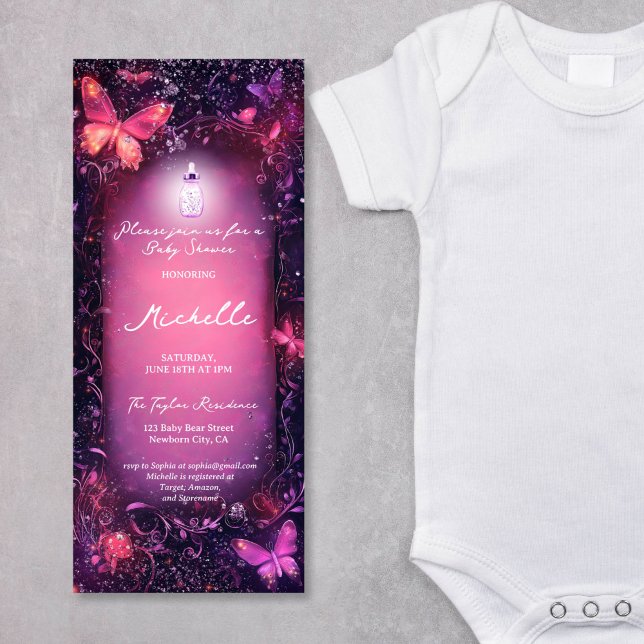 Mushrooms Butterfly Enchanted Forest Scroll Baby Invitation (pink enchanted forest with scroll parchment and butterflies)