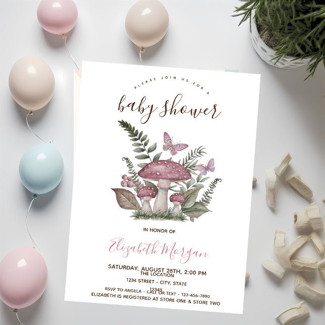 Mushrooms Butterfly Pink Stripes Baby Shower   Invitation (Creator Uploaded)