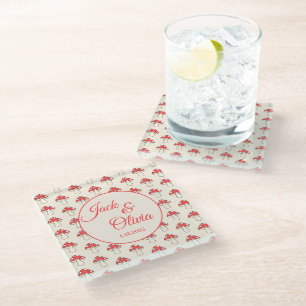 Mushrooms Cute Retro Kawaii Custom Couple Name Glass Coaster