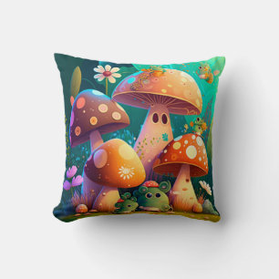 Mushrooms elfs in the field throw pillow
