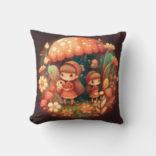 Mushrooms elfs in the field throw pillow