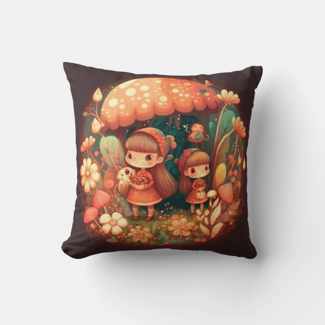 Mushrooms elfs  in the field throw pillow (Front)