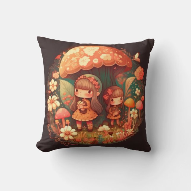 Mushrooms elfs  in the field throw pillow (Front)
