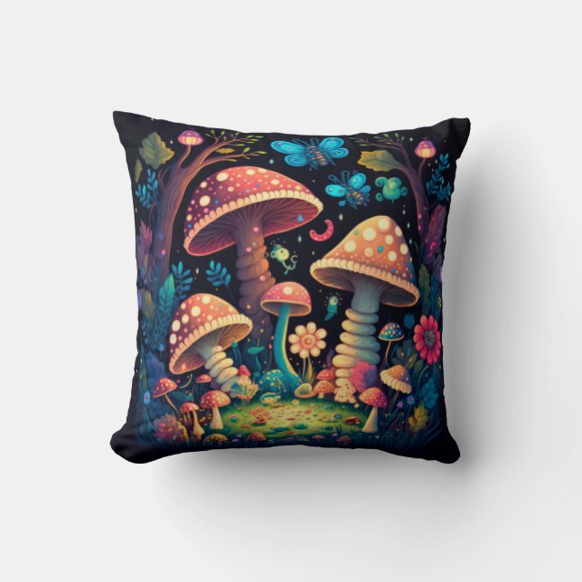 Mushrooms elfs  in the field throw pillow (Front)
