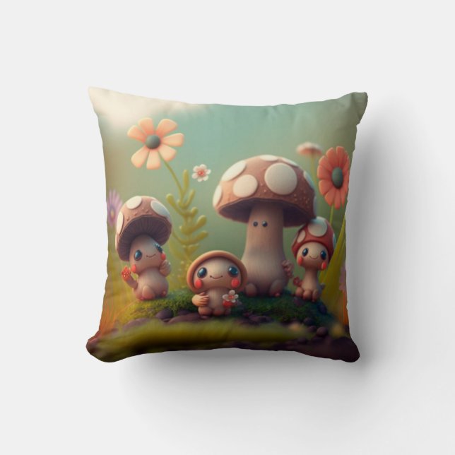 Mushrooms elfs  in the field throw pillow (Front)