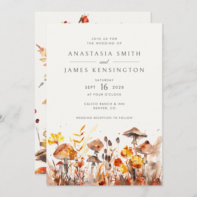 Mushrooms Fall Wild Flowers Rust Wedding Invitation (Front/Back)