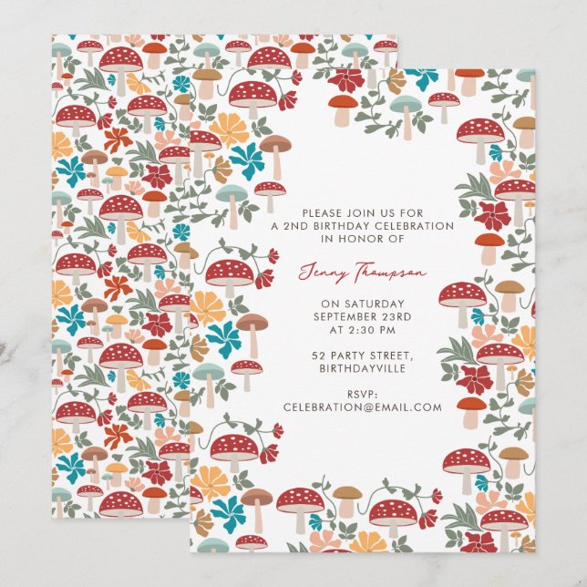 Mushrooms & Floral Mid Century Birthday Party Invitation (Front/Back)