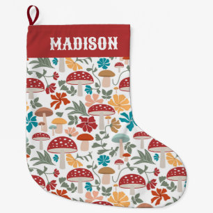 Mushrooms & Floral Mid Century Modern Monogram Large Christmas Stocking